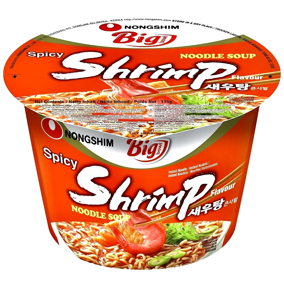Nongshim Big Bowl Spicy Instant Noodles Soup Shrimp Flavour 115g X 8 Cups