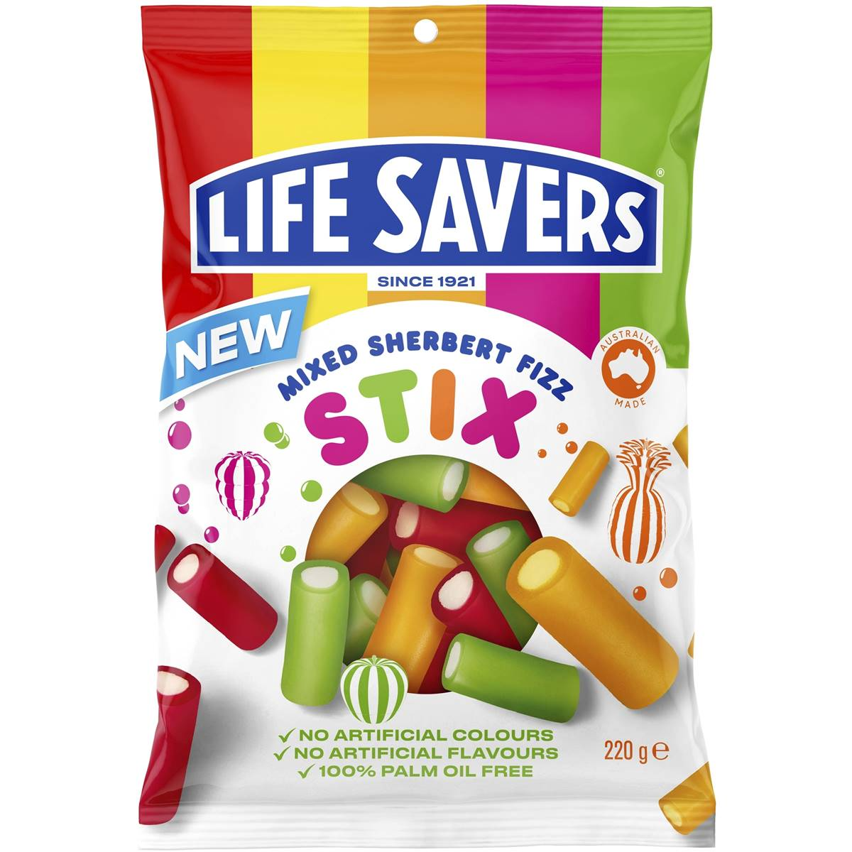 Lifesavers Mixed Fruit Sherbert Fizz Stix Gummy Candy Lollies Bag 220g