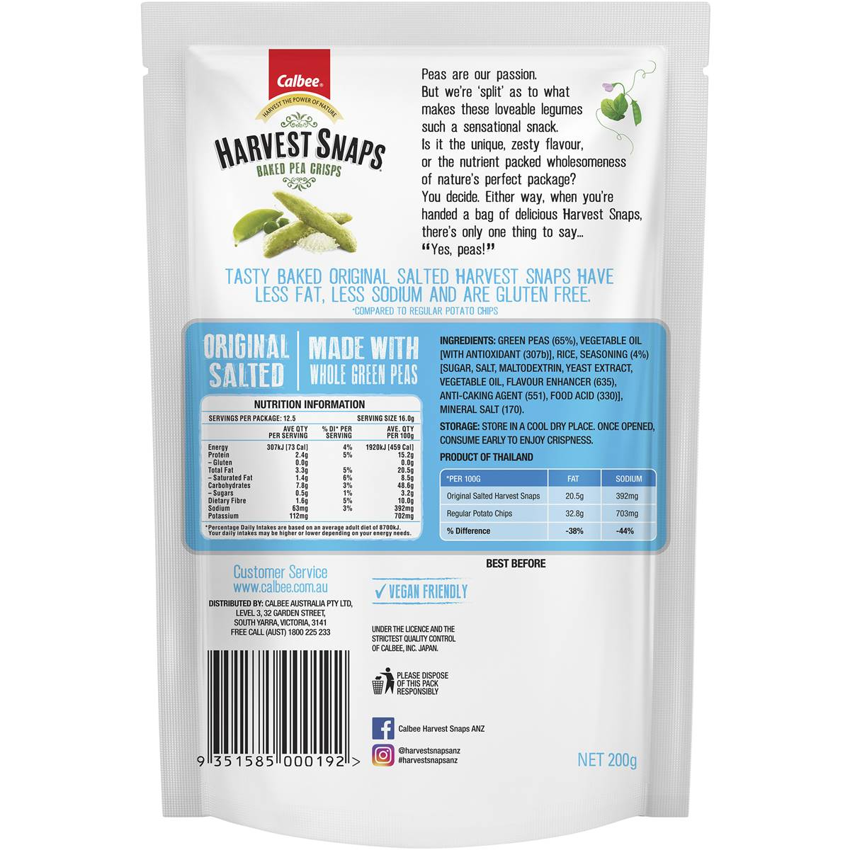 Calbee Harvest Snaps Baked Pea Crisp Snacks Original Salted 200g