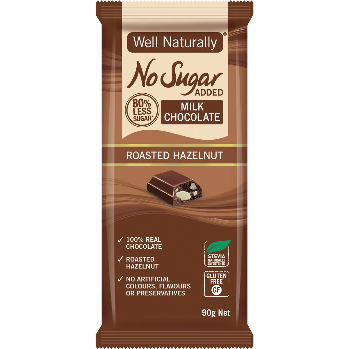 Well Naturally No Sugar Added Milk Chocolate Roasted Hazelnut Chocolate Block 90g