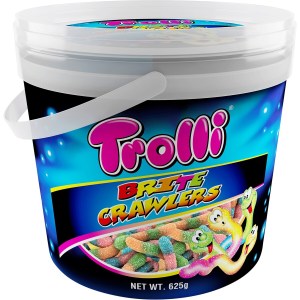 Trolli Brite Crawlers Sweet Sour Gummy Worms Candy Bucket Tub 625g