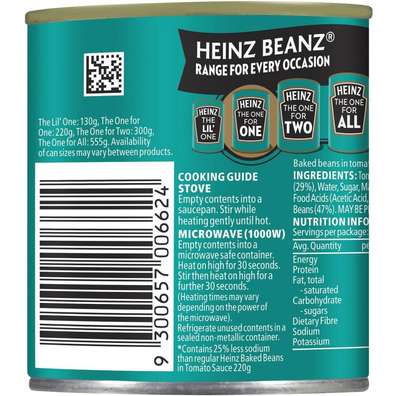Heinz Baked Beans In Tomato Sauce Salt Reduced Can 220g