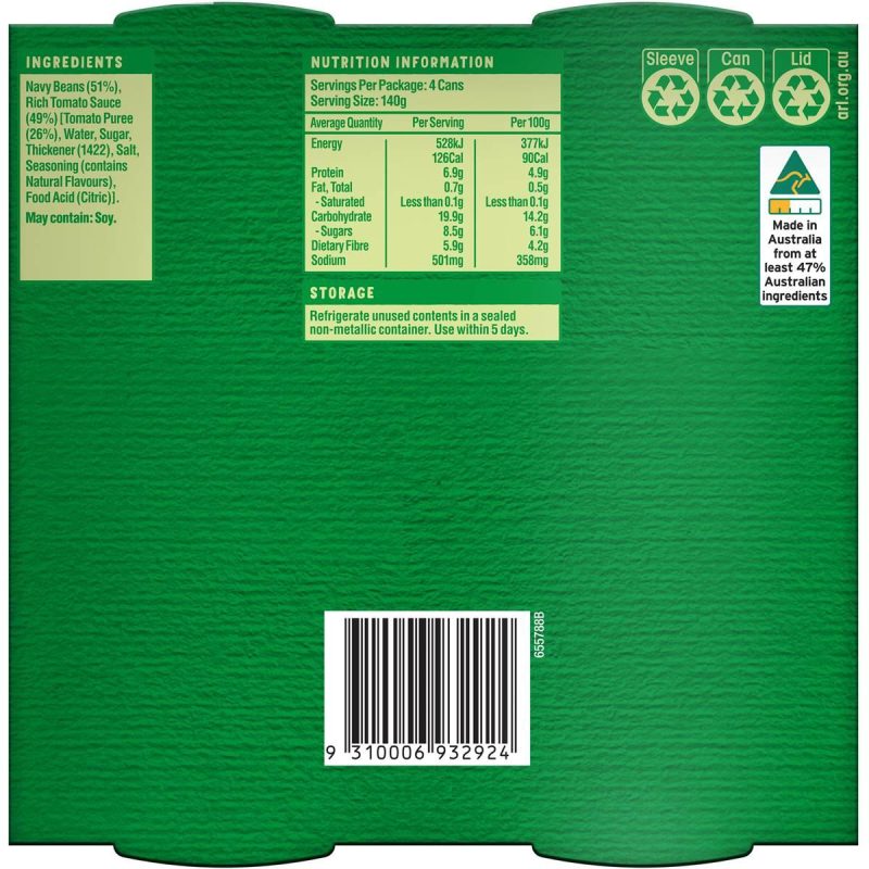 SPC Baked Beans Rich Tomato Sauce Can 140g X 4 Cans