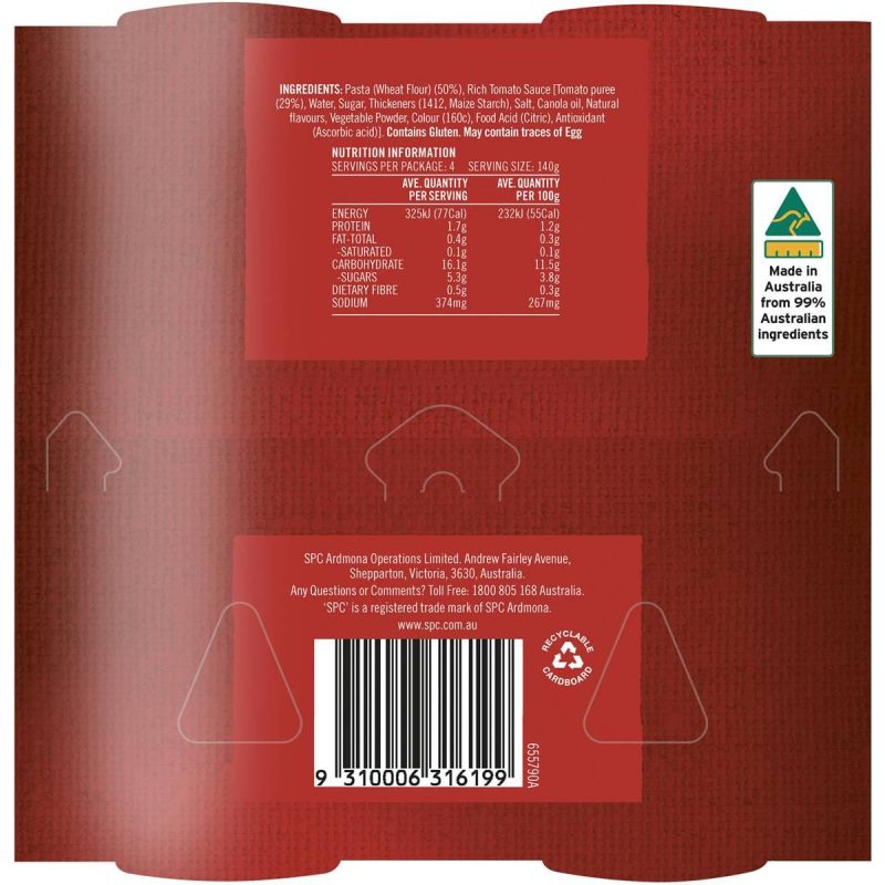SPC Aussie Made Spaghetti Rich Tomato Sauce Can 140g X 4 Cans