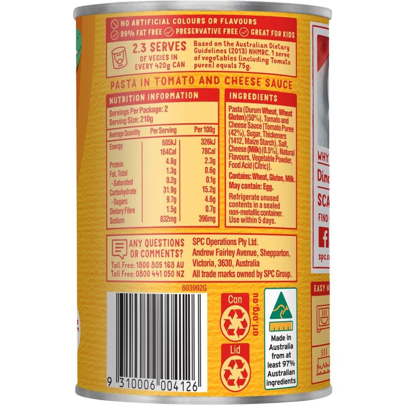 SPC Spag-a-saurus Spaghetti Tomato and Cheese Sauce Can 420g