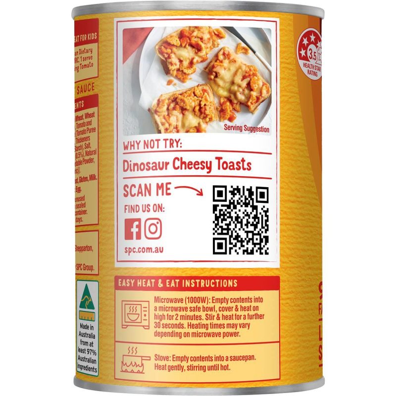 SPC Spag-a-saurus Spaghetti Tomato and Cheese Sauce Can 420g