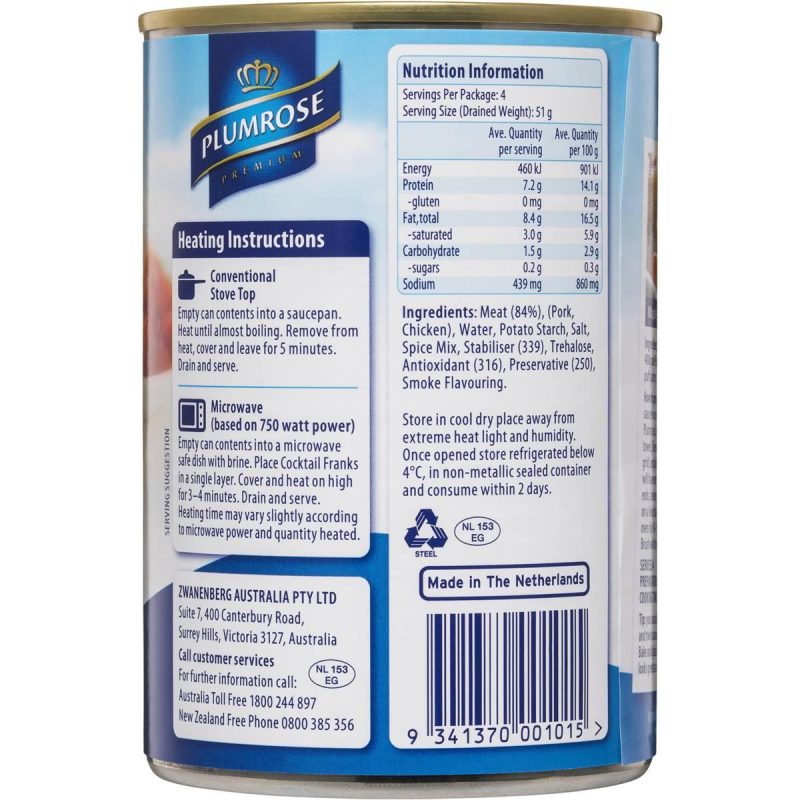 Plumrose Premium Cocktail Frankfurts Tin 400g