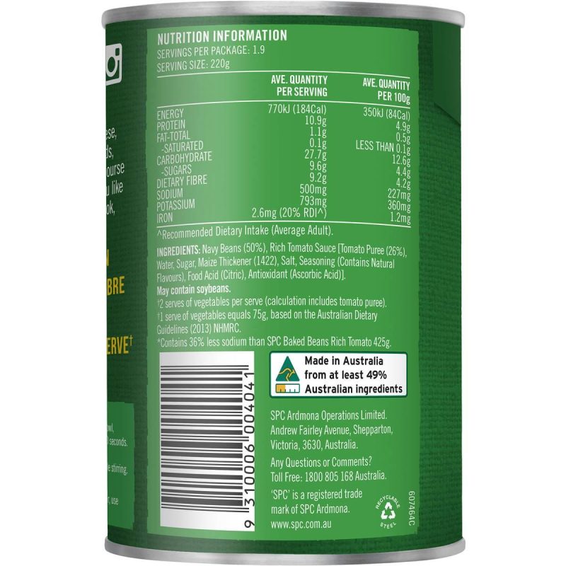 SPC Baked Beans Rich Tomato Sauce Salt Reduced Can 425g