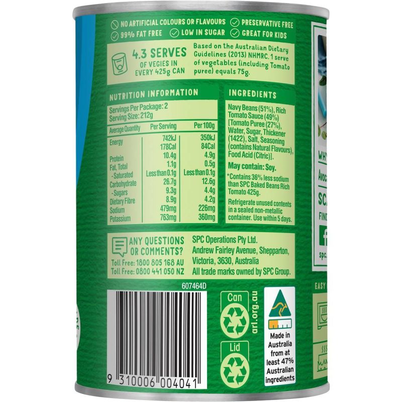SPC Baked Beans Rich Tomato Sauce Salt Reduced Can 425g