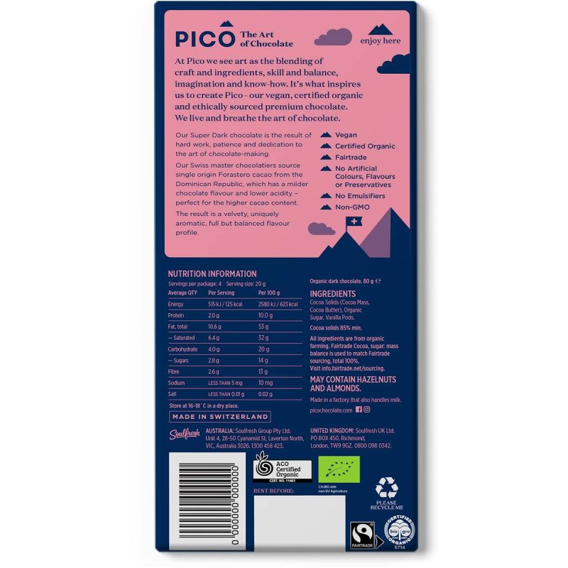Pico Super Dark Vegan Organic Chocolate Block 80g