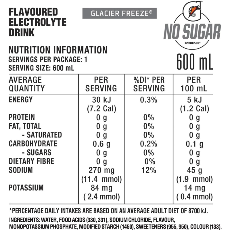 Gatorade No Sugar Blue Glacier Freeze Hydrating Sports Drink 600ml