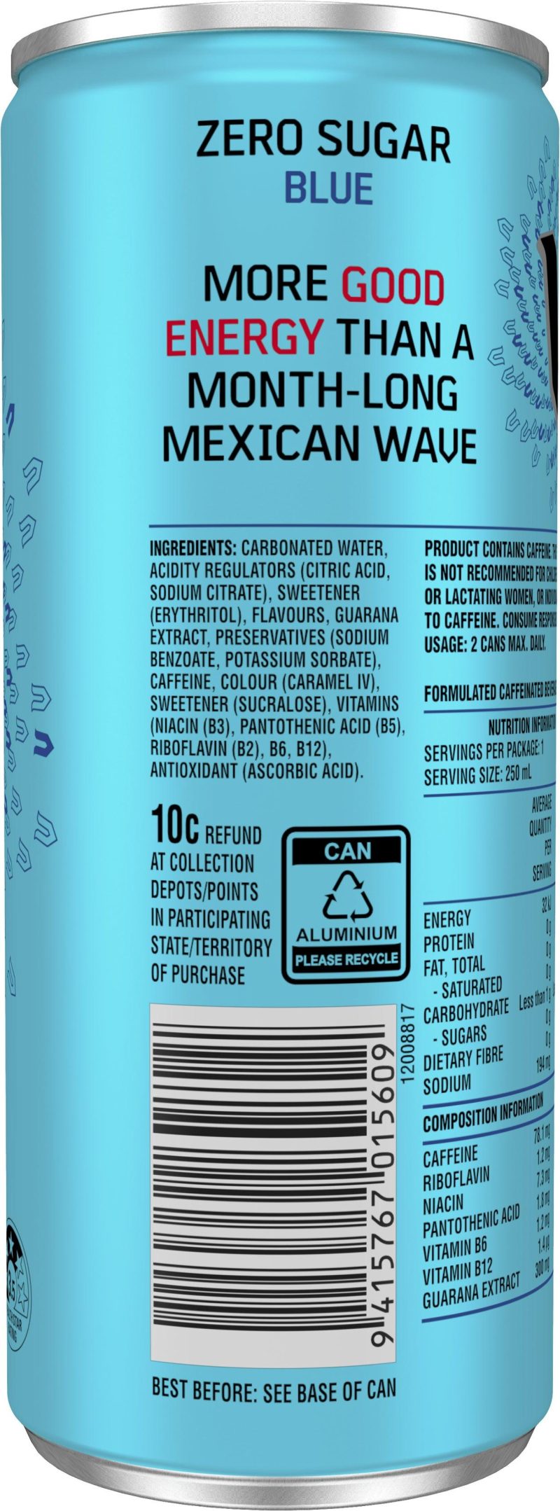 V Blue Zero Sugar Guarana Energy Drink Can 250ml