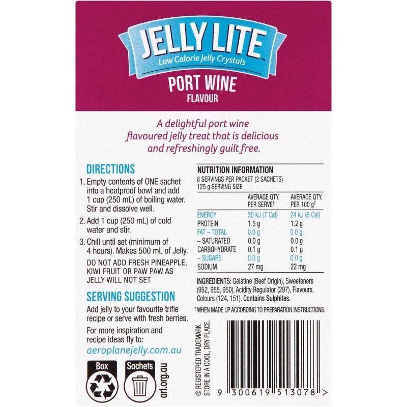 Enjoy the rich flavour of Aeroplane Jelly Lite Port Wine with fewer calories. This low-calorie jelly powder is perfect for guilt-free, delicious desserts.