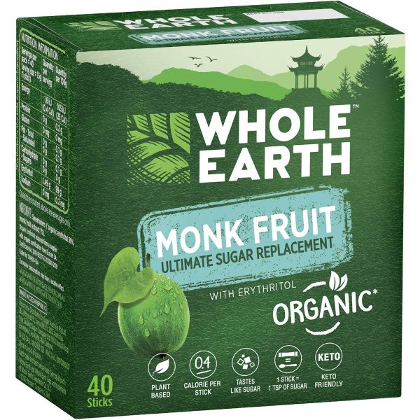 Whole Earth Monk Fruit Organic Sugar Replacement Powder Sticks 40 Pack