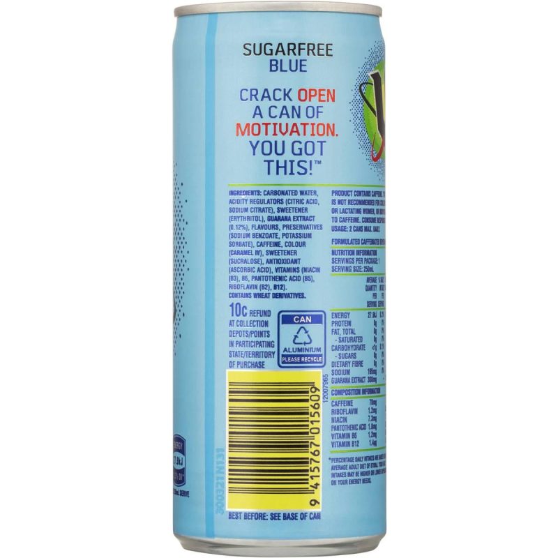 V Blue Zero Sugar Guarana Energy Drink Can 250ml