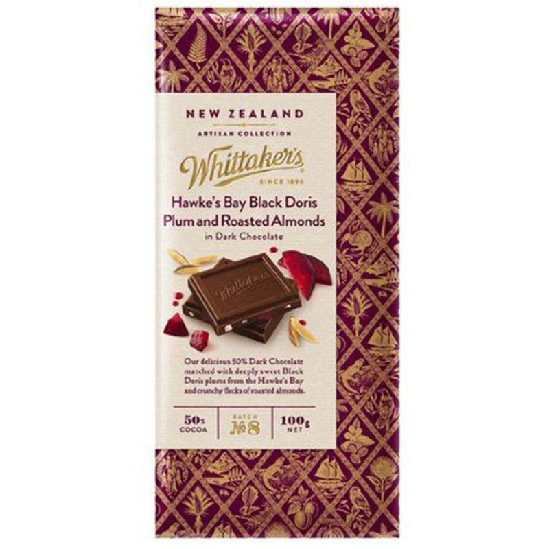 Whittakers Hawkes Bay Black Doris Plum Roasted Almonds Dark Chocolate Block 100g