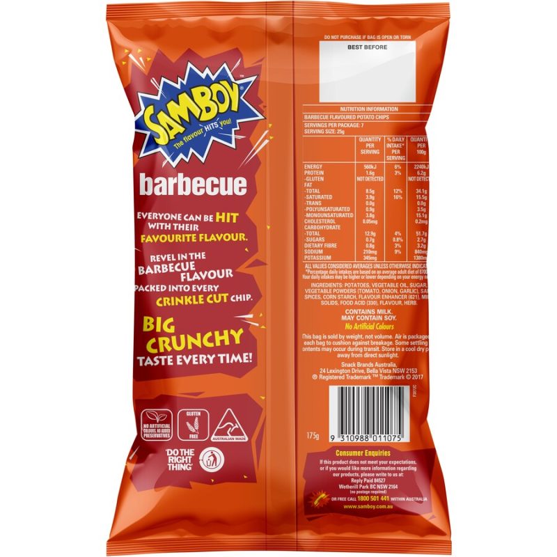 Samboy BBQ Chips Potato Crinkle Cut Classic 175g