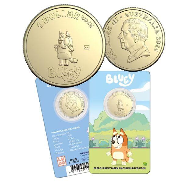 Bluey Privy Mark Coin in Card $1 One Dollar Gold Coin 2024 Bingo