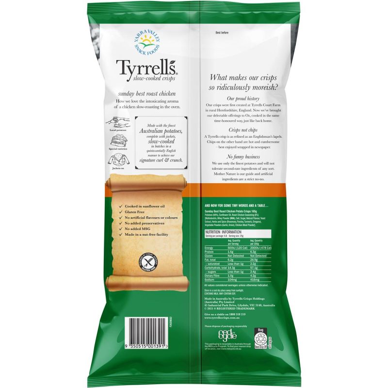 Tyrrells Best Roast Chicken Slow Cooked Potato Chips Pack 165g