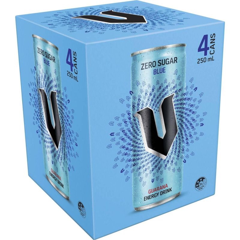V Blue Zero Sugar Guarana Energy Drink Can 250ml X 4 Pack