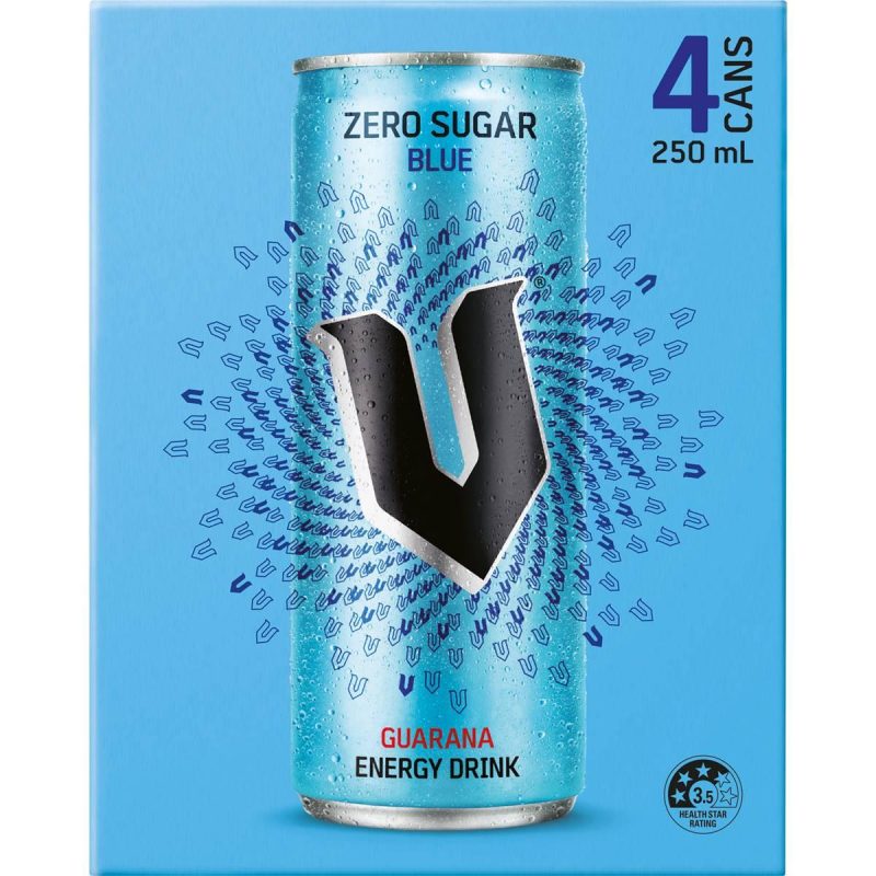 V Blue Zero Sugar Guarana Energy Drink Can 250ml X 4 Pack