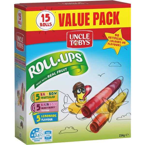 Uncle Tobys Roll Ups Assorted Flavours Kids Fruit Chewy Snacks 15 Pack