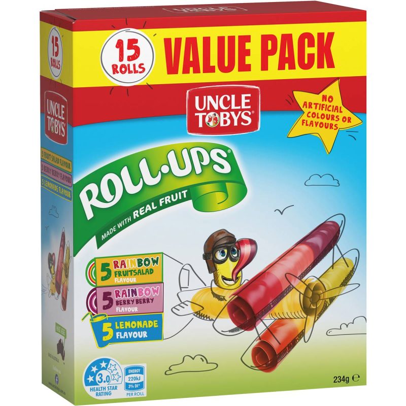 Uncle Tobys Roll Ups Assorted Flavours Kids Fruit Chewy Snacks 15 Pack