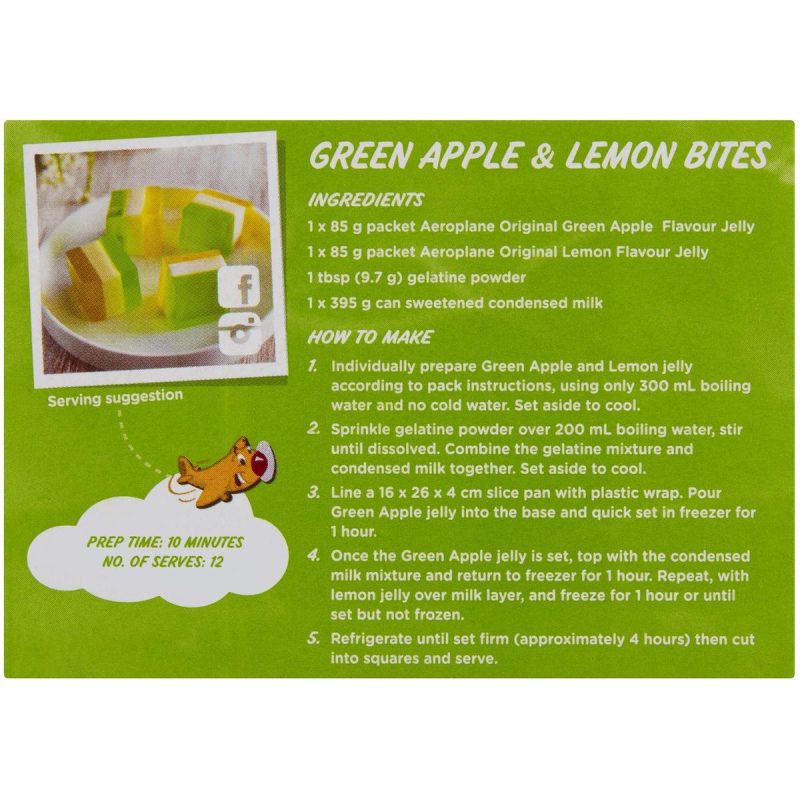 Enjoy the crisp taste of Aeroplane Green Apple Jelly Powder 85g. Easy to prepare, this refreshing green apple jelly is perfect for desserts, parties, and fun snacks.