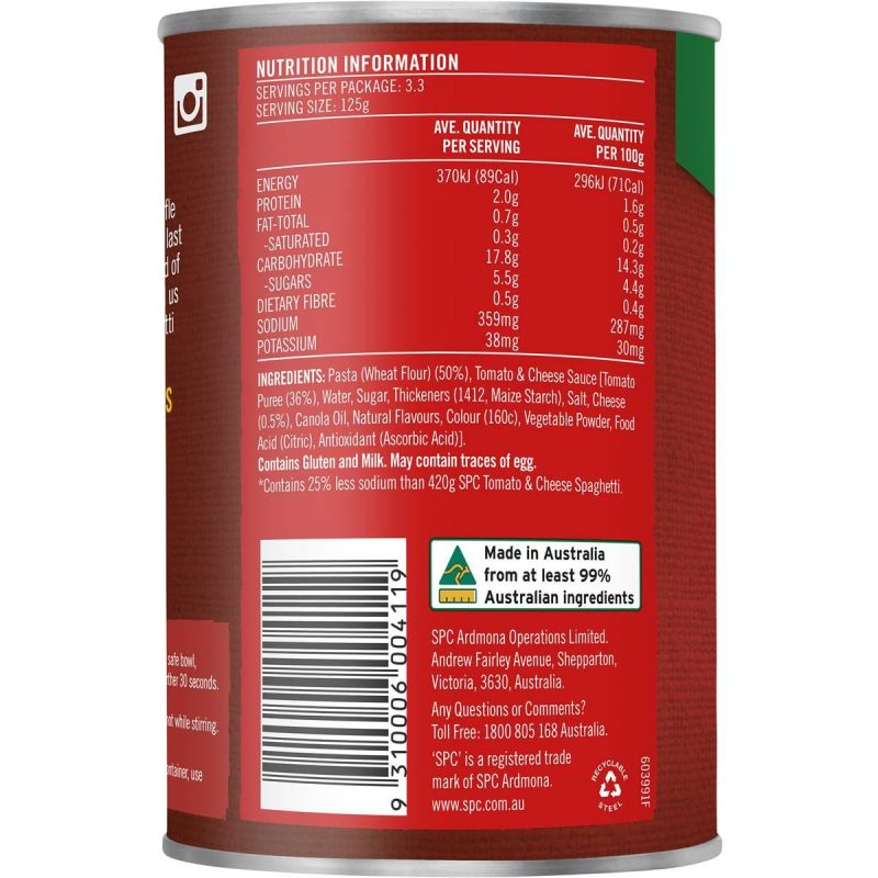 SPC Spaghetti Tomato and Cheese Sauce Salt Reduced Can 420g