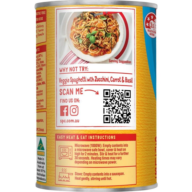 SPC Spaghetti Tomato and Cheese Sauce Salt Reduced Can 420g