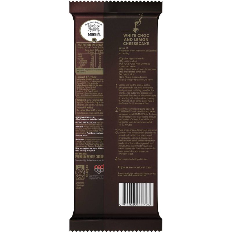 Nestle Plaistowe Cooking White Chocolate Extra Creamy Chocolate Block 180g