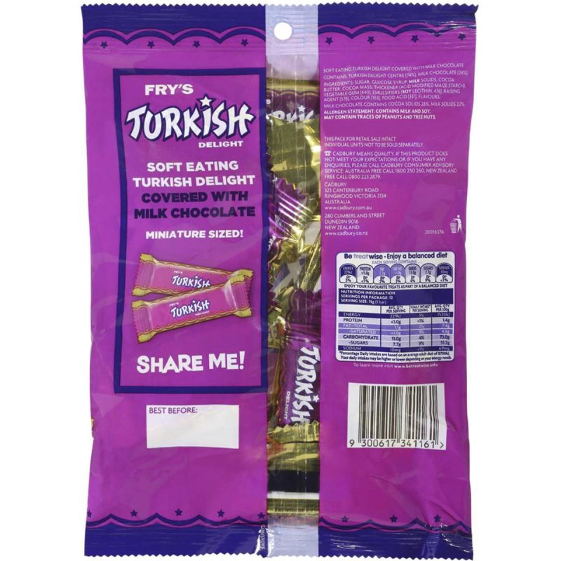 Cadbury Frys Turkish Delight Chocolate Bars Sharepack Bag 12 Pack 180g
