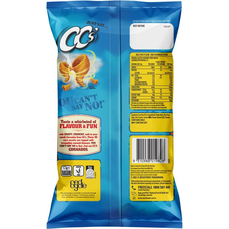 CCs Cornados Original Salted Crispy Corn Chips Snack Pack 110g