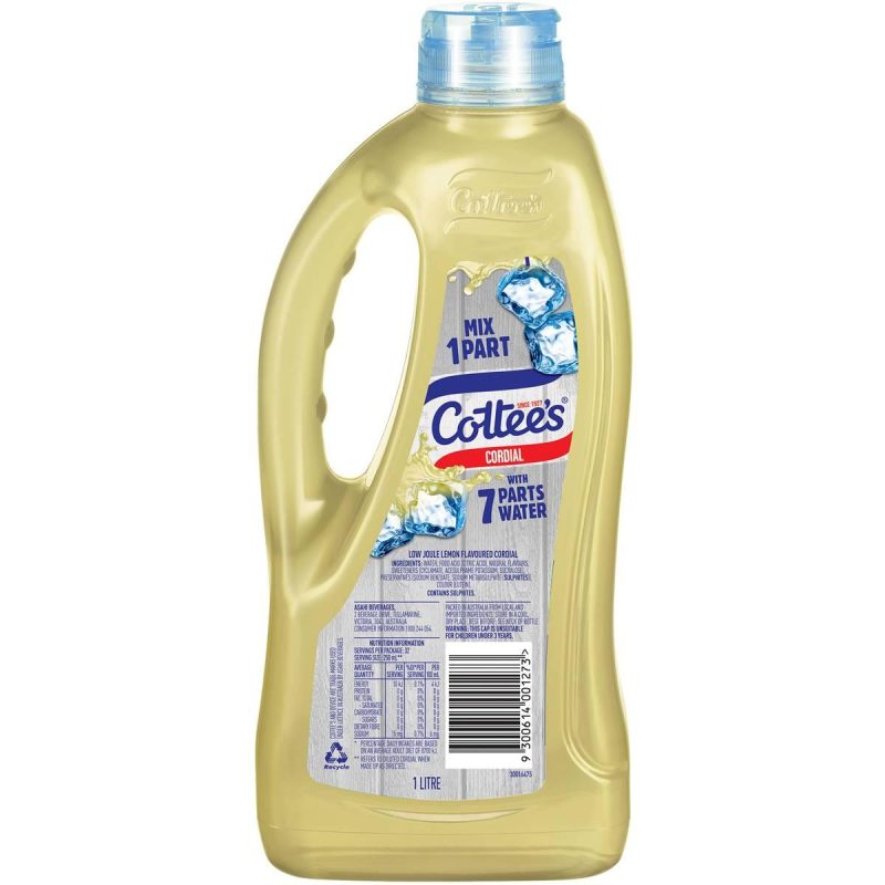 Cottees Lemon Crush Cordial Syrup Zero Sugar Bottle 1L