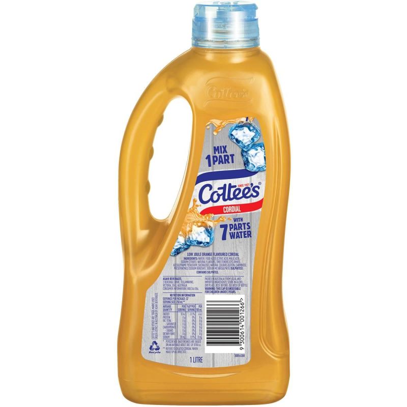 Cottees Orange Crush Cordial Syrup Zero Sugar Bottle 1L