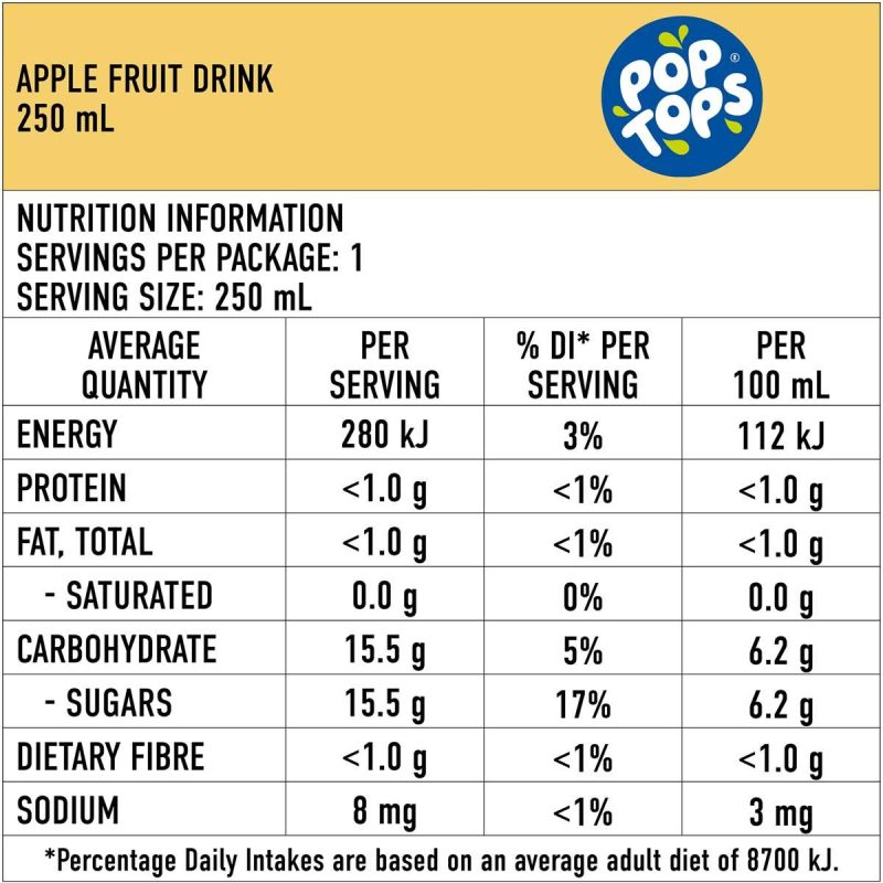 Pop Tops Apple Fruit Drink Kids Lunch Box Bottles 250ml X 6 Pack