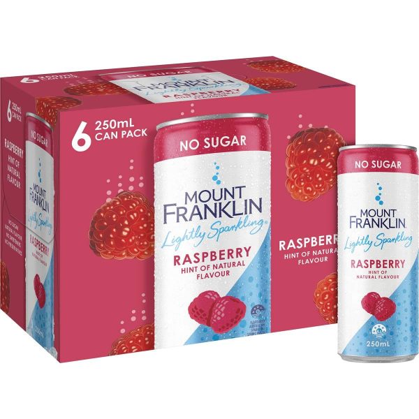 Refresh with Mount Franklin Lightly Sparkling Water Raspberry. This 6-pack of 250ml cans delivers crisp, bubbly water infused with natural raspberry flavor, offering a delightful, low-calorie drink.