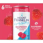 Refresh with Mount Franklin Lightly Sparkling Water Raspberry. This 6-pack of 250ml cans delivers crisp, bubbly water infused with natural raspberry flavor, offering a delightful, low-calorie drink.