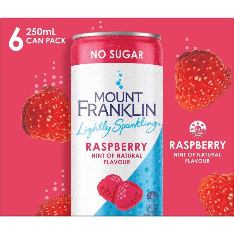 Refresh with Mount Franklin Lightly Sparkling Water Raspberry. This 6-pack of 250ml cans delivers crisp, bubbly water infused with natural raspberry flavor, offering a delightful, low-calorie drink.