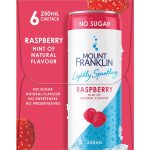 Refresh with Mount Franklin Lightly Sparkling Water Raspberry. This 6-pack of 250ml cans delivers crisp, bubbly water infused with natural raspberry flavor, offering a delightful, low-calorie drink.