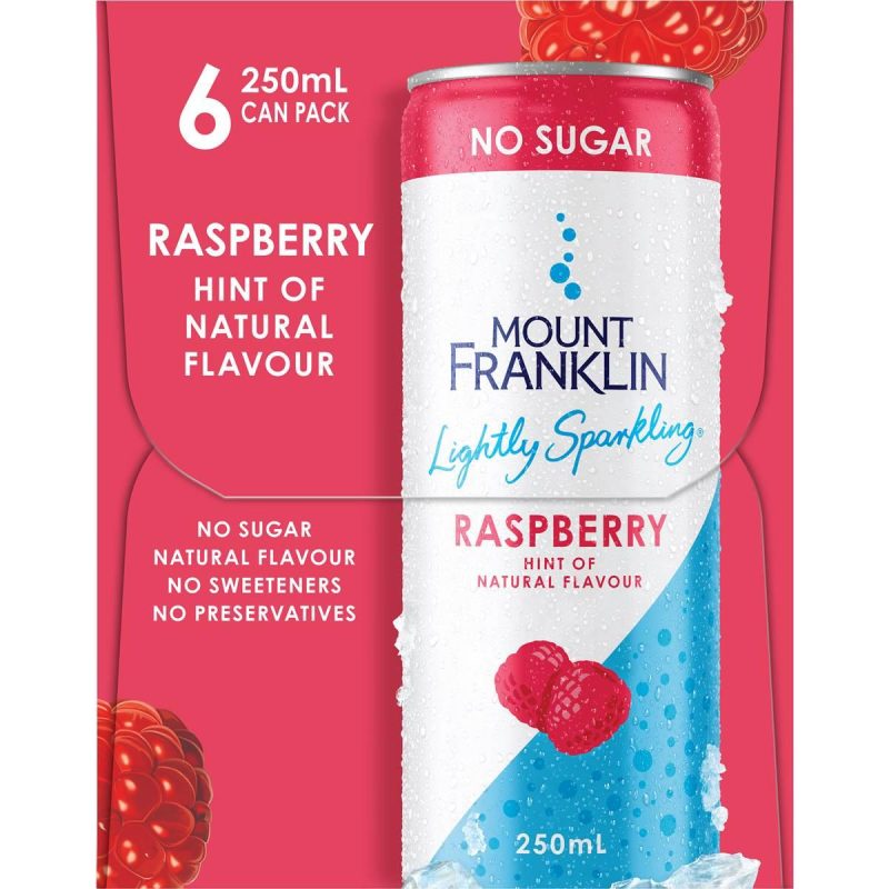 Refresh with Mount Franklin Lightly Sparkling Water Raspberry. This 6-pack of 250ml cans delivers crisp, bubbly water infused with natural raspberry flavor, offering a delightful, low-calorie drink.