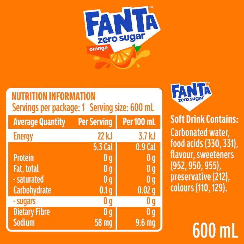 Fanta Orange Zero Sugar Soft Drink Bottle 600ml