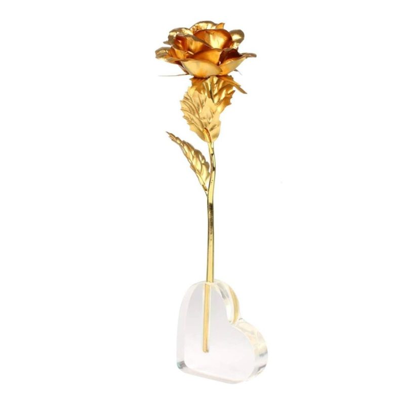 24K Gold Plated Rose With Heart Stand Anniversary Valentine Gift