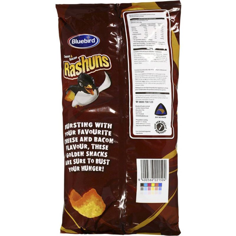 Blue Bird Rashuns Cheese and Bacon Flavoured Corn Snacks NZ Snack 150g