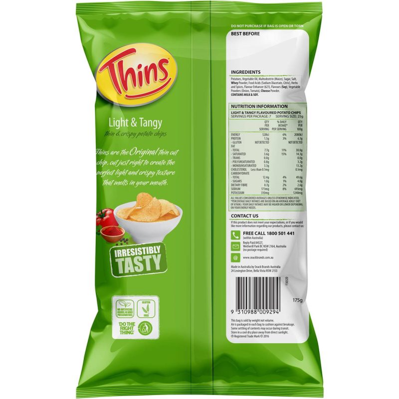 Thins Light and Tangy Potato Chips Pack 175g