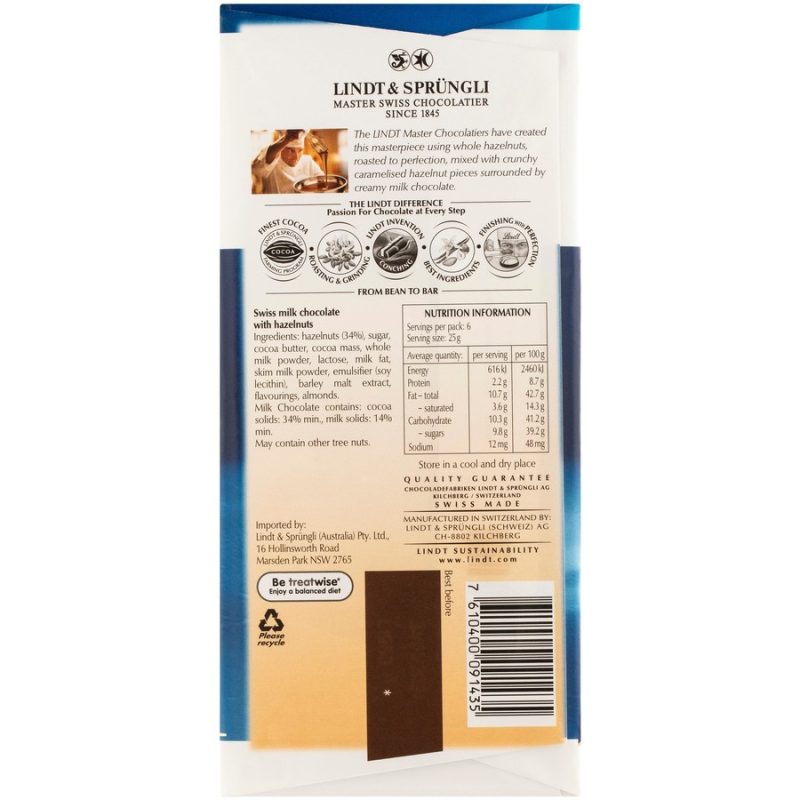 Lindt Les Grandes Milk Chocolate and Hazelnuts Block 150g