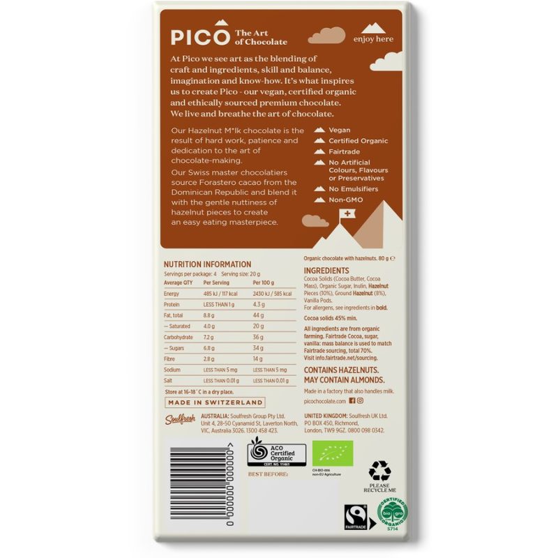 Pico Hazelnut Milk Vegan Organic Chocolate Block 80g