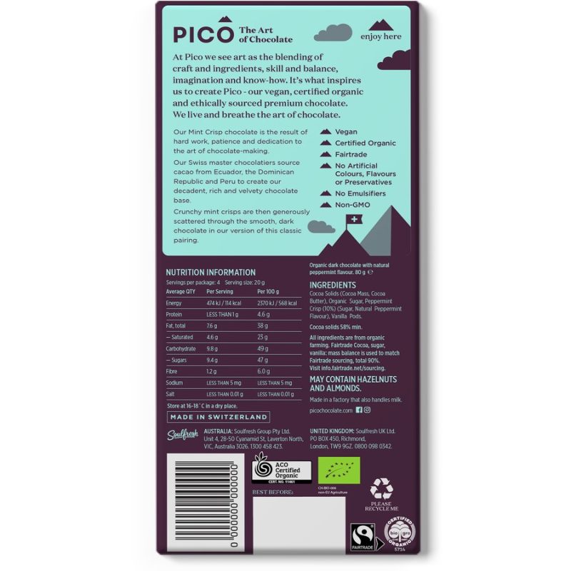 Pico Mint Crisp Vegan Organic Chocolate Block 80g