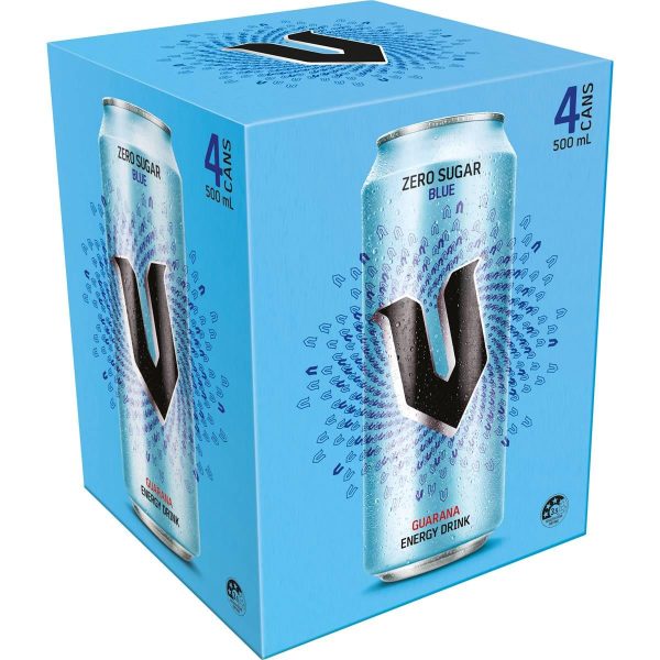 V Blue Zero Sugar Guarana Energy Drink Can 500ml X 4 Pack