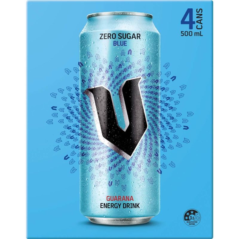 V Blue Zero Sugar Guarana Energy Drink Can 500ml X 4 Pack